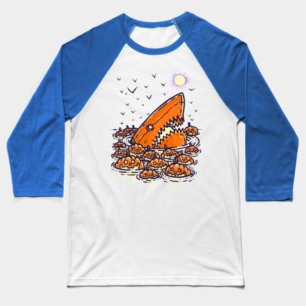 Jack O'Lantern Shark Baseball T-Shirt by nickv47